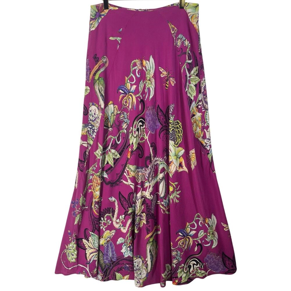 Etro Silk Skirt Size 46 Floral Long Magenta Pink Purple Bird Tropical Flowers